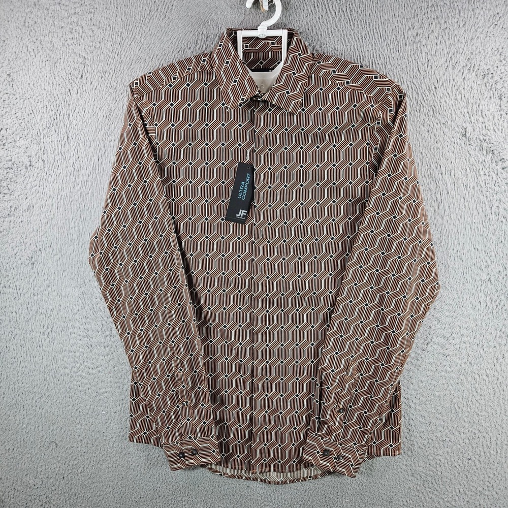 J. Ferrar Mens Slim Fit Ultra Comfort Stretch Shirt Brown Geo Link S 14-14.5 NEW